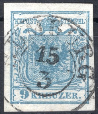 5; 9 kr, ruční papír, typ IIc, deska 3, modrá, hedvábný papír 0,06 mm, raz. RUMBURG, široké okraje, vybraný kus, zk. Ferchenbauer