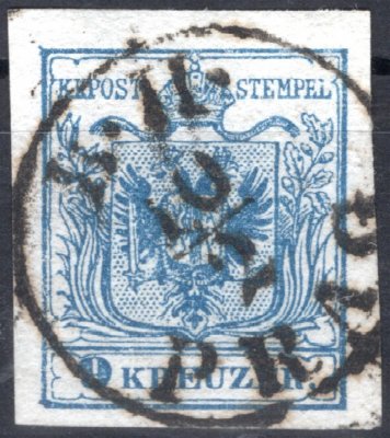 5; 9 kr, ruční papír, typ IIIb, deska 8, tmavě modrá, téměř celé raz. B.H. PRAG, široké okraje, vybraný kus