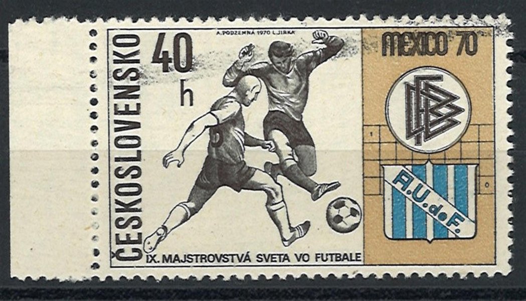 1847 Mexiko 1970 40 h, výrazně šikmo rozmazaná černá ocelotisková barva v horní části známky přes celé ZP, krajový kus, dekorativní a neobvyklé