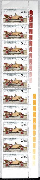 2834 Historické automobily 3 Kčs, katalogová DV 30/2 "deformovaný bílý klín v zadním kole vozu" v nepřeloženém desetipásu s kompletní barevnou testovací stupnicí, takto vzácné