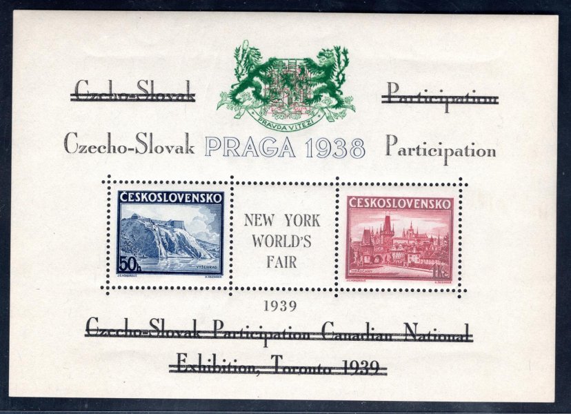 AS 10c, přítisk na aršíku 342/3 PRAGA 38 s nápisem NY WORLDS FAIR uprostřed, pro výstavu NY 1939, nápis přeškrtnut,  znak zelený, text černý