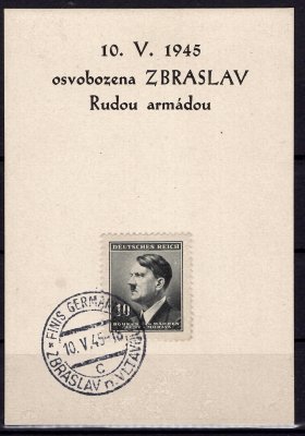 Zbraslav, kartička se známkou 10 hal A.H. a razítkem Finish Germanie / Zbraslav nad Vltavou 10.5.45, jiná úprava kartičky