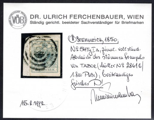 5 H typ I, modrá na výstřižku, téměř kompletní němé razítko Tábor na výstřižku, dobrý stav, kat Muller 2861 B ( 1800 bodů, dobrý stav a střih, zkoušeno + Atest Ferchenbauer
