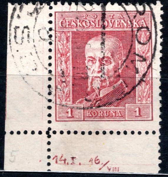 190 B, 1 Koruna červená typ I - široký formát, P5,  levý rohový kus s Dč  14.5.16/ VIII 