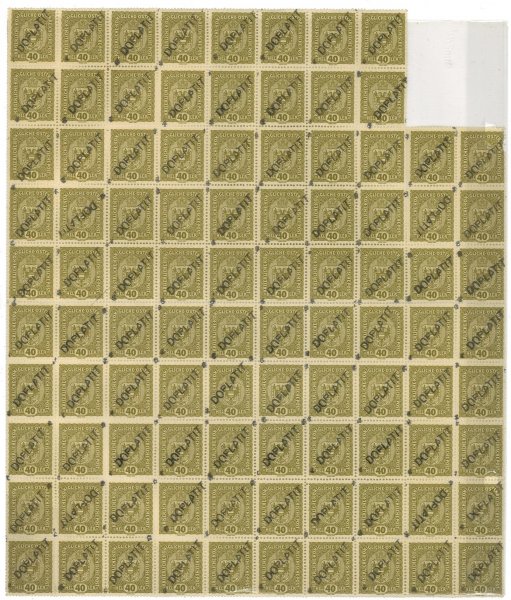 doplatní provizorium, 96-ti blok znak, olivová 40h s přetiskem "Doplatit", ve větších celcíích vzácné