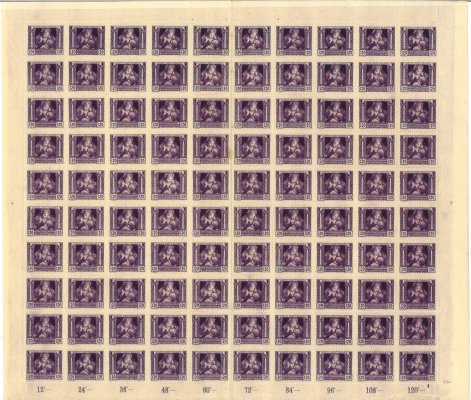 32 A, PA (100), legionářské, hz 13 3/4:13 1/2,  kompletní tiskový arch s počítadly a DČ 3, fialová 120h