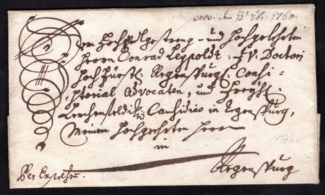Bavorsko, kompletní expresní dopis podaný v Regenstaufu,adresovaný do Regensburgu v r. 1760 ! Expresní dopisy z 18.století jsou velmi vzácné 