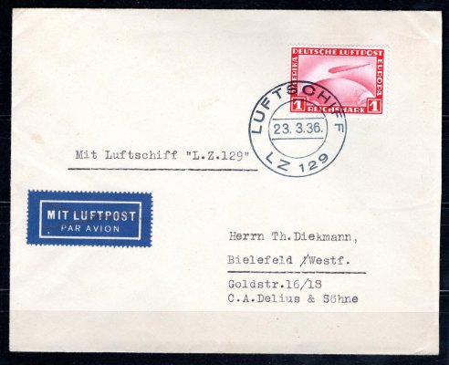 1.Postfahrt - dopis se zn.1RM,raz,LUFSCHIFF / LZ 129 23.3.36 Sie. 401 Bb Literatura