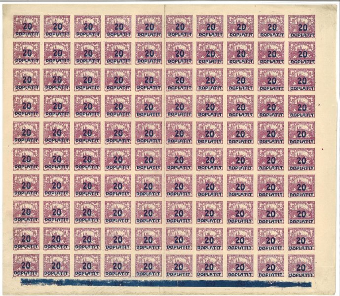 DL 16, PA (100), doplatní, kompletní tiskový arch s ppočítadly, 20/3 fialová, lehká omačkání v rozích a na okrajích