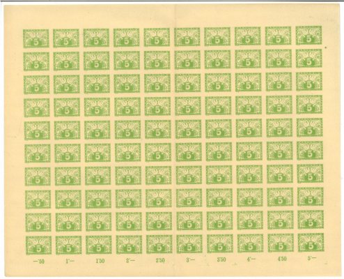 S 2, PA (100), spěšné, kompletní tiskový arch s počítadly, světle zelená 5h, lehká omačkání v okrajích, otisk hřebíčku na okraji