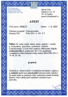 195  typ II P3 , rytina 2Kč modrá - svislá průsvitka!  ŘZ 13 3/4, průsvitka P3,  4-blok . Téměř nevyskytující se samostatná známka, je známa   pouze v několika exemplářích ( cena kurzívou 90 000 Kč), nabízena v unikátním 4bloku!  Jediný známý kus, čištěné skvrny,  jinak dobrá kvalita, lehké otisky razítek. zkoušeno Karasek, Vrba, Beneš + Atesty Karásek, Vrba. Unikátní věc, neopakovatelná nabídka 4blok je unikátní a patří  mezi nejvzácnější československé rarity