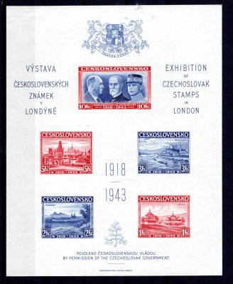 1943, nezoubkovaný !  Londýnský aršík, k výstavě, exilová vláda v Londýně, 2 x vynechávka lepu - velmi  vzácné, výskyt v této podobě podobě do 30 kusů - velmi dobrá kvalita -  poprvé v aukci! mimořádně vzácné! 