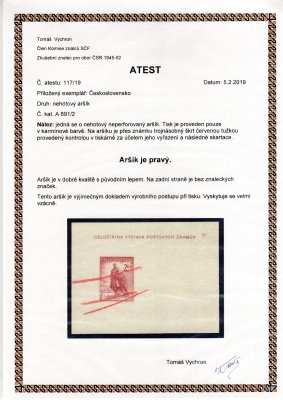  A691-92, Bratislava 1952, neperforovaný nehotový aršík, tisk pouze karmínové barvy včetně známky 2 Kč, přes natištěnou známku trojitý skartační škrt červenou tužkou, výjimečný doklad výrobního postupu při tisku, s původním lepem, vzácný výskyt, mimořádná nabídka, atest Vychron