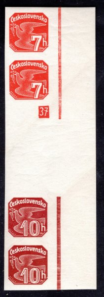  NV16 + 18 Ms, Novinové 1937, 7 h oranžová a 10 h červená, meziarší pravé krajové svislé, čtyřznámkové, s DZ