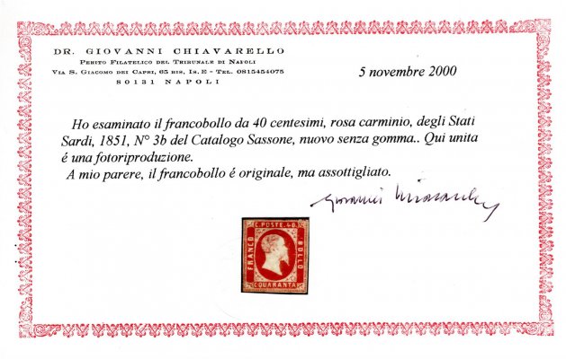  Itálie, Sardinie, Sassone 3b, Viktor Emanuel II. 40 cent. fialově červená, bez lepu, atest Chiavarello, kat. Sassone pro * 48 000 EUR, mimořádná známka v krásné barvě