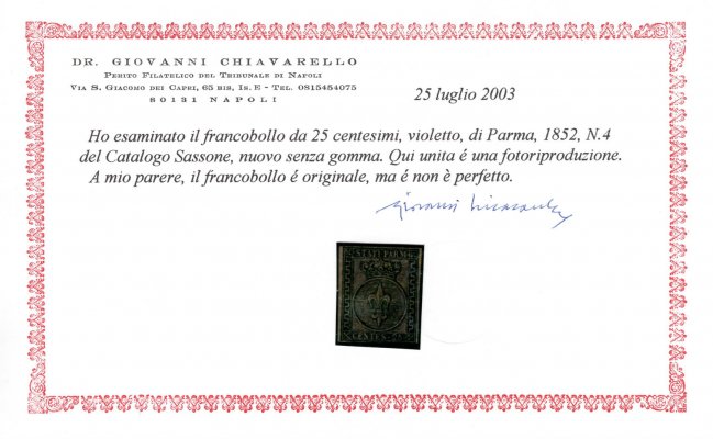  Itálie, Parma, Mi. 4 (Sassone 4), Znak 25 c fialová/černá, atest Chiavarello, kat. Sassone 15 000 EUR, ohyb, hledaná známka 