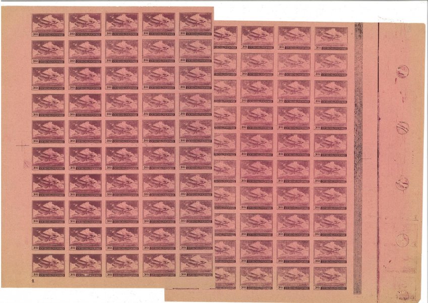  L10 ZT, Letecké, 3 Kč fialová, kompletní, v polovině rozdělený nezoubkovaný tiskový arch na růžovém papíru, s DZ 1 v levém dolním rohu, na pravé straně bordura a otisky šroubů, velmi zřídkavý výskyt kompletních archů