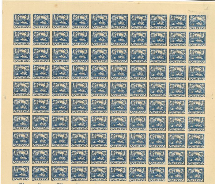 10 PA (100), 25 h modrá, kompletní 100kusový arch, nepřeložený, v archu vzácné a hledané
