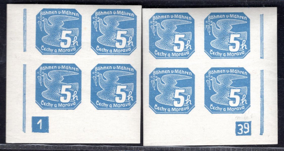  NV 2, Novinové 5 h modrá, levý a pravý dolní rohový čtyřblok s DČ 1-39, rám úzký