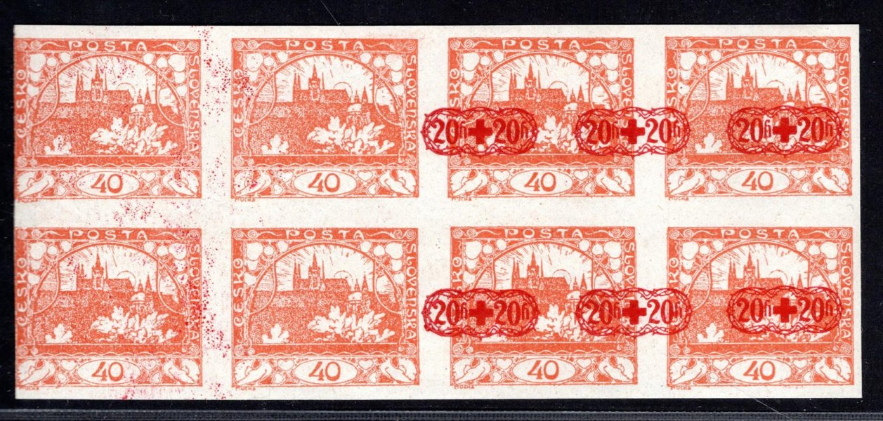  ZT, Červený kříž, 8blok, přetisk C na známce Hradčany 40 h oranžová (č. 14) na 4 známkách + obtisky přetisků, dekorativní
