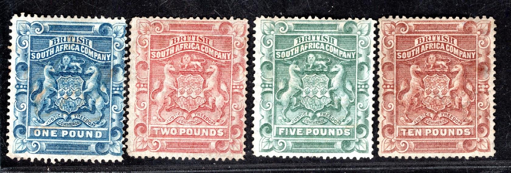  Rhodesie, SG 10-13, Znak, librové hodnoty 1-10 £, vzácné, část se zbytky lepu, kat. 5225 GBP