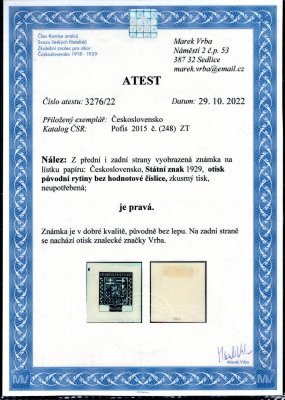  248 ZT, Státní znak, otisk původní rytiny bez hodnotové číslice v modré barvě, zk. a atest Vrba, vzácný a hledaný zkusmý tisk