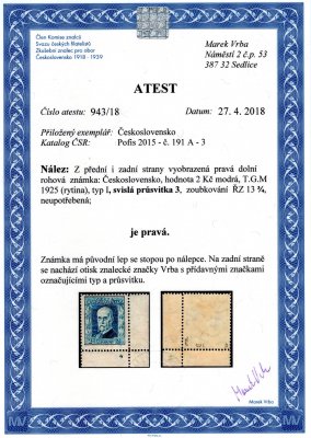  191 A, Masaryk 2 Kč modrá, průsvitka 3, pravá dolní rohová známka s DZ 4, vzácná a katalogově nejdražší průsvitka