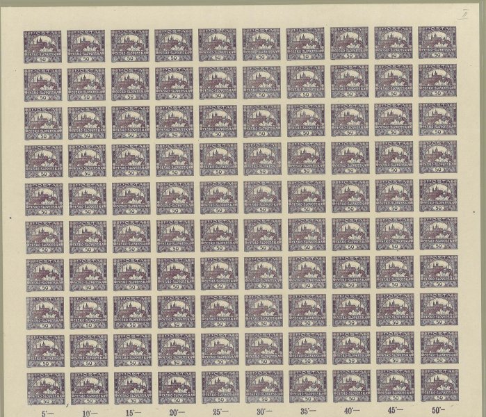 15 PA (100), 50 h fialová, kompletní 100kusový arch s počitadly, nepřeložený, TD II