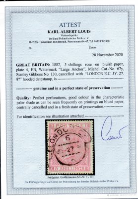  Anglie, SG 130 (Mi. 67y), Viktorie 5 Sh růžová, průsvitka kotva, deska 4 BE, atest Louis, kat. 4800 GBP, známka v perfektním stavu, krásná barva