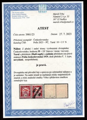  Turul 35 + 2 f fialová s přetiskem Hadi segély, nevydaná s přetiskem Pošta československá druhu F, typ I, dvoupáska, přetisk pouze na jedné známce, zk. a atest Vrba, naprosto mimořádné, unikátní nabídka
