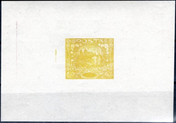  ZT, Eduard Karel, II. návrh, V. kresba, s plným hodnotovým štítkem, aršíková úprava, ve žluté barvě na křídovém papíru, zk. a atest Vrba, nálepky v rozích a dole, vzácný a hledaný zkusmý tisk