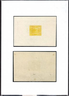  ZT, Eduard Karel, II. návrh, V. kresba, s plným hodnotovým štítkem, aršíková úprava, ve žluté barvě na křídovém papíru, zk. a atest Vrba, nálepky v rozích a dole, vzácný a hledaný zkusmý tisk