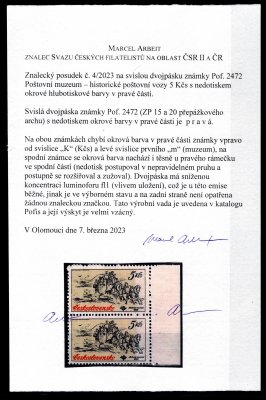  2472 VV, Poštovní muzeum 5 Kčs, krajová svislá dvojpáska s výrazným nedotiskem okrové hlubotiskové barvy na ZP 15 a 20, atest Arbeit, vzácná a hledaná výrobní vada