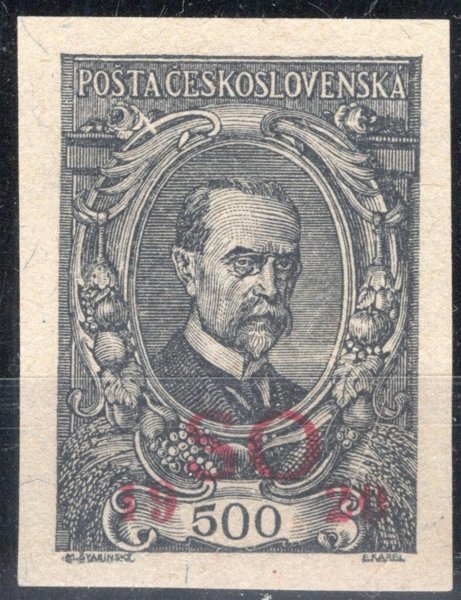  SO 24 ZT RT, Masaryk 500 h šedá, nezoubkovaná, s přetiskem SO 1920 a retuší pozadí na ZP 42/I. TD, vzácný zkusmý tisk v dobré kvalitě, zk. Gilbert, Karásek, Vrba a atest Káňa