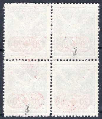  ZT, Červený kříž, 4blok, přetisk C na známce Osvobozená republika 60 h modrá, zk. Vrba, ve 4bloku vzácné