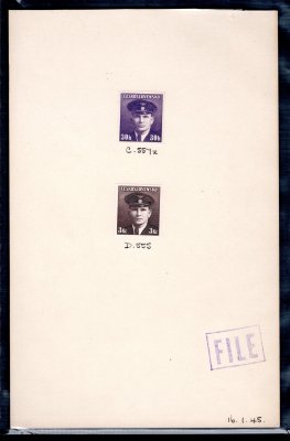 391 + 399 ZT, Londýnské, zkusmé tisky, nadpor. J. Král v barvě fialové (hodnota 30 h) a hnědé (hodnota 3 Kčs), nalepeno na kartonu, pod obrázky poznámky tiskárny De la Rue, vpravo dole datum 16. 1. 1945, vzácné a hledané