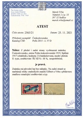  57 D, Obdélník 2 h hnědočervená, typ II, ŘZ 12 ½ : 11 ½, zk. Gilbert, Vrba a atest Vrba, s původním lepem bez nálepky, hezky centrovaná, vzácná a hledaná známka