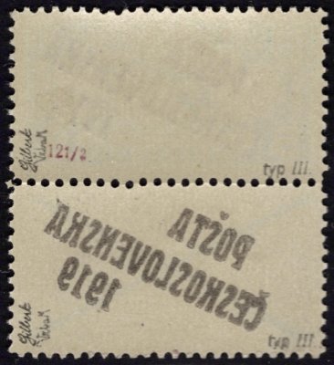  58 A K, Obdélník 5 h zelená s přetištěným kupónem, typ III + III, ŘZ 12 ½, obtisk přetisku na kupónu, zk. Gilbert, Vrba a atest Vrba, s původním lepem bez nálepky, velmi vzácná varianta s obtiskem pouze na kupónu