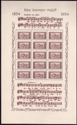  A283-84, Aršíky Kde domov můj, 1 Kč s rozměrem 175 x 286 mm, široký formát, a 2 Kč s rozměrem 173 x 285 mm, úzký formát, zk. Gilbert, Vrba a atest Vrba