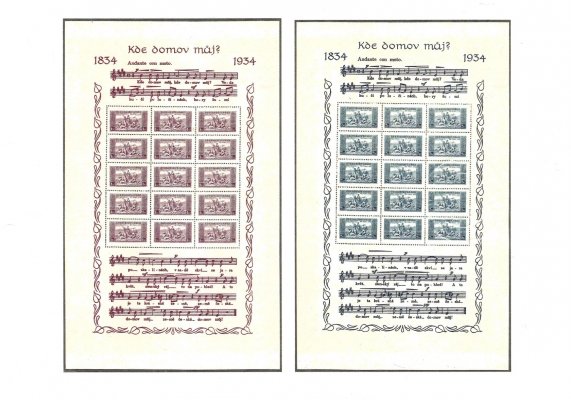  A283-84, Aršíky Kde domov můj, 1 Kč s rozměrem 175 x 286 mm, široký formát, a 2 Kč s rozměrem 173 x 285 mm, úzký formát, zk. Gilbert, Vrba a atest Vrba