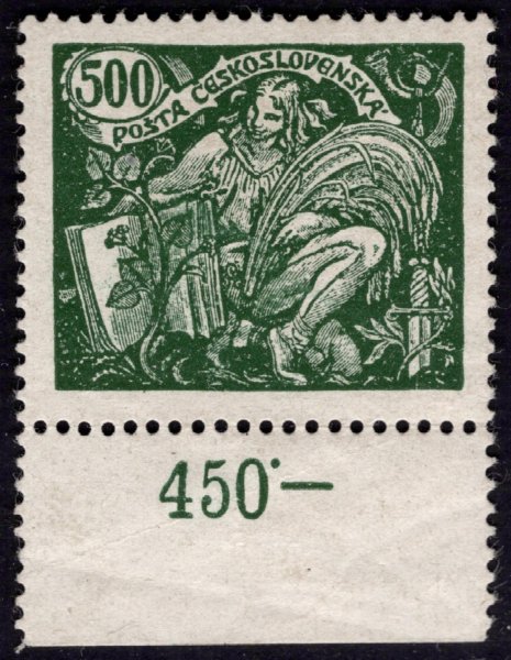  168 B, Hospodářství a věda 500 h zelená, HZ 13 ¾ : 13 ½, krajová s počitadlem, zk. Lešetický, Gilbert, Vrba, dobře centrovaná známka