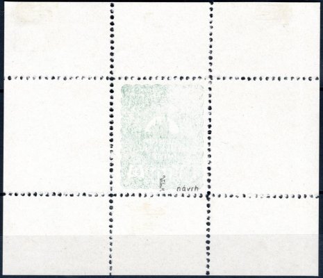  Jindra Schmidt, návrh, zoubkovaný tisk známky Hradčany 1918, větší formát, dřevoryt, ve formě aršíku, v barvě zelené, zk. Vrba, hledané
