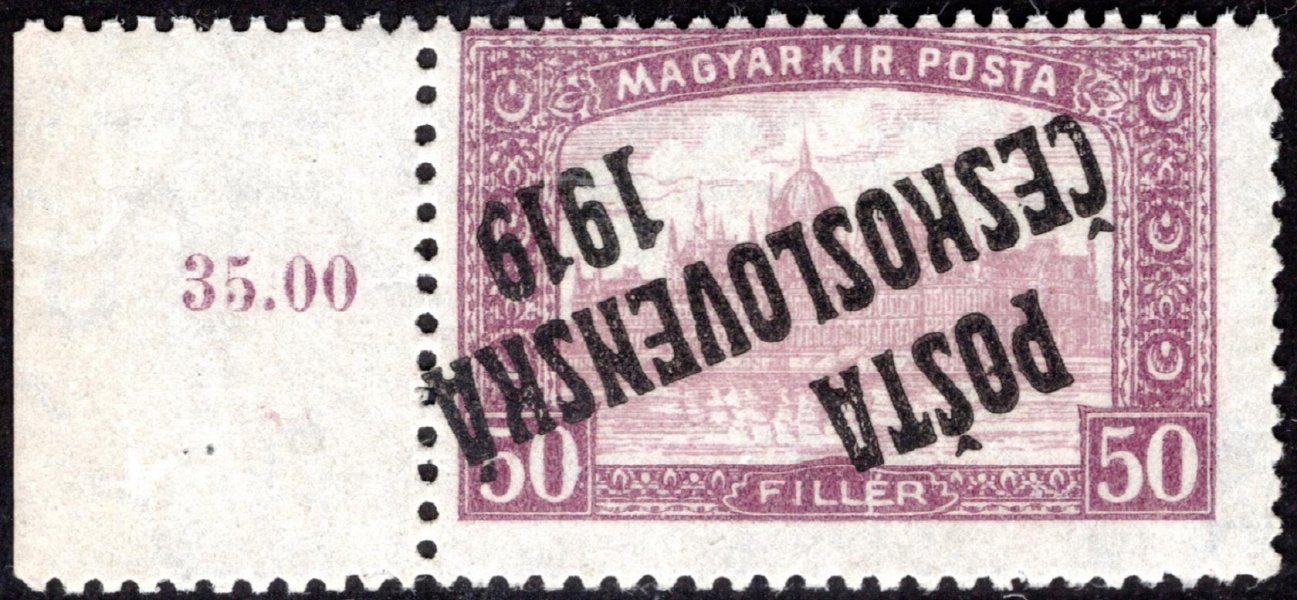  111 PP, Parlament 50 f fialová, typ I, převrácený přetisk, krajová s počitadlem, zk. Karásek, Möbs, hezká a hledaná známka