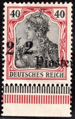  Německé zahraniční pošty a kolonie, pošta Turecko, Mi. 41 I OR, vydání Deutsches Reich 1905-13 50 pf, chybotisk přetisku, tzv. "22 piaster", navíc se spodním okrajem archu, existoval pouze jeden arch (100 ks) známek s tímto posunem, mimořádná nabídka této speciality z hledané známkové oblasti, kat. Michel 1 700 EUR++, atest Jäschke-Lantelme BPP