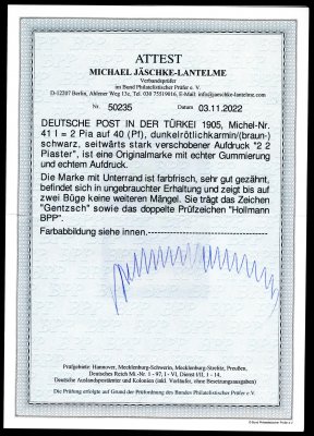  Německé zahraniční pošty a kolonie, pošta Turecko, Mi. 41 I OR, vydání Deutsches Reich 1905-13 50 pf, chybotisk přetisku, tzv. "22 piaster", navíc se spodním okrajem archu, existoval pouze jeden arch (100 ks) známek s tímto posunem, mimořádná nabídka této speciality z hledané známkové oblasti, kat. Michel 1 700 EUR++, atest Jäschke-Lantelme BPP