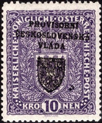 RV19ay, I. Pražský přetisk, Znak 10 K tmavě fialová, úzký formát, nejasný tisk, zk. Gilbert, Vrba