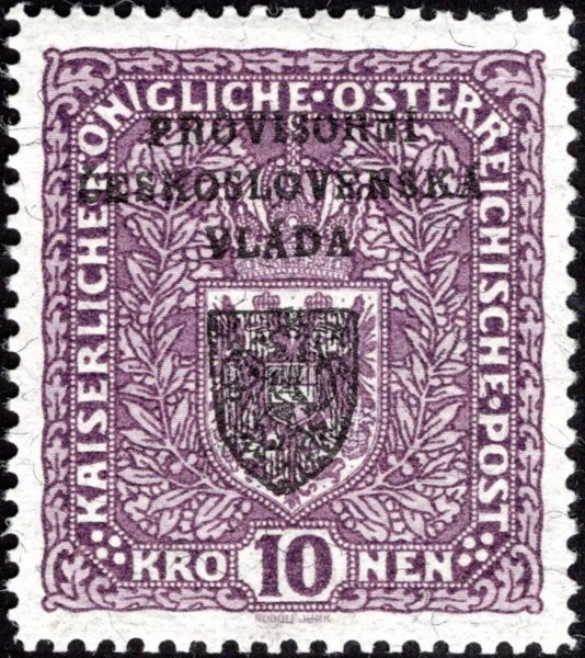 RV19a, I. Pražský přetisk, Znak 10 K světle fialová, žilkovaný papír, široký formát, zk. Gilbert, Vrba