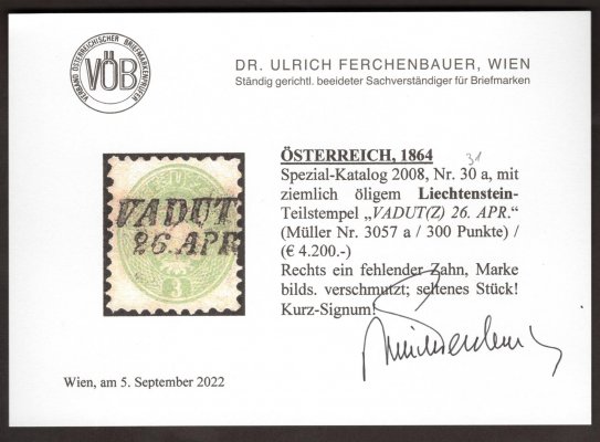  31, V. emise, 3 kr zelená, s lichtenštejnským razítkem VADUTZ (300 bodů), na pravé straně 1x kz, velmi vzácné použití v Lichtenštejnsku, kat. 4200 EUR, zk. a atest Ferchenbauer