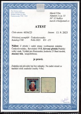 RV ZT, II. Pražský přetisk, červený, na známce polní pošty v Rumunsku, modrá 25 bani, zk. a atest Vrba, vzácná známka