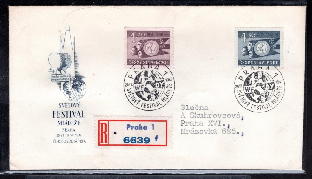  456-7 FDC, Světový festival mládeže, známky vylepeny daleko od sebe se 2 razítky, naprosto ojedinělé